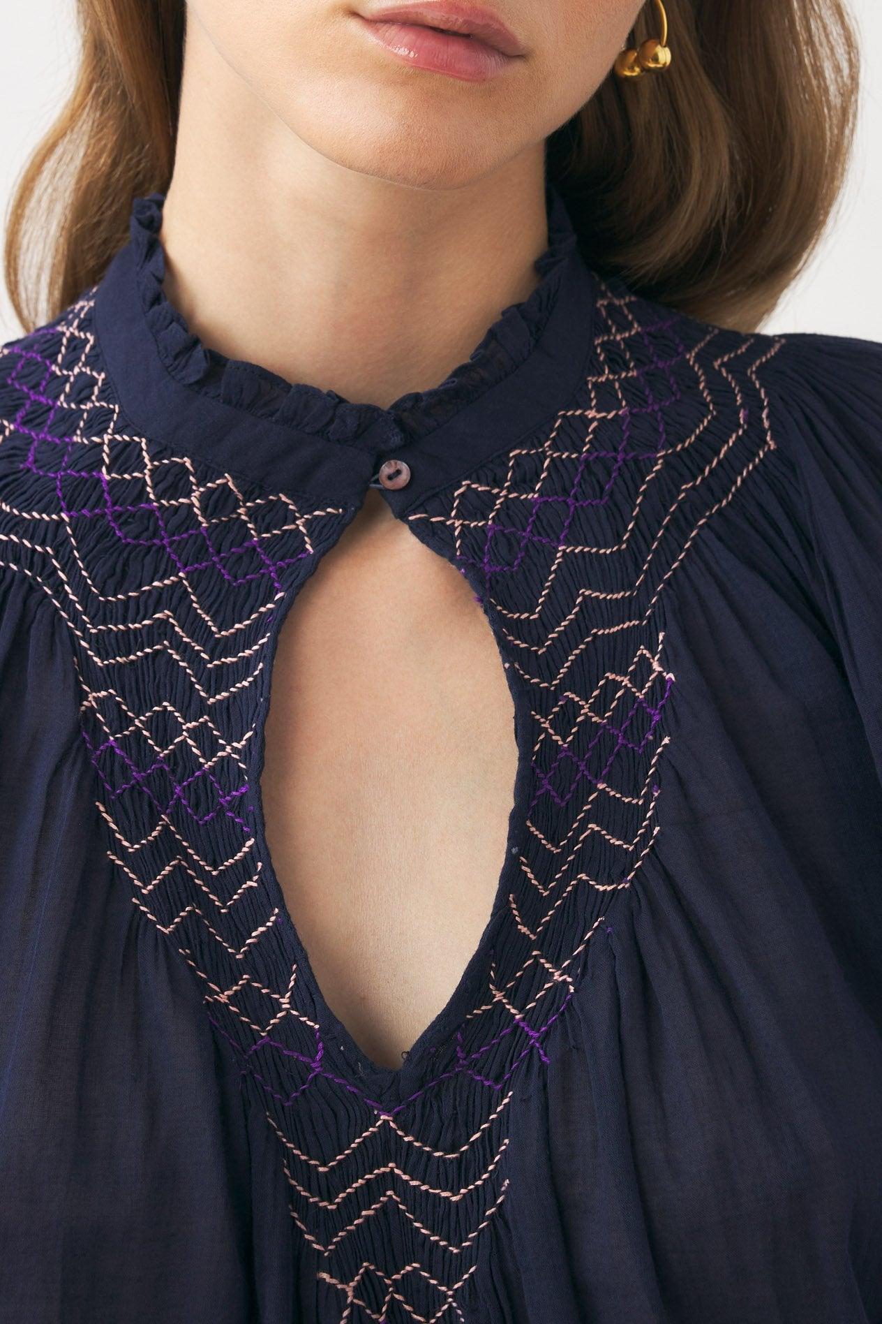 Cotton voile hand-embroidered blouse Ayo