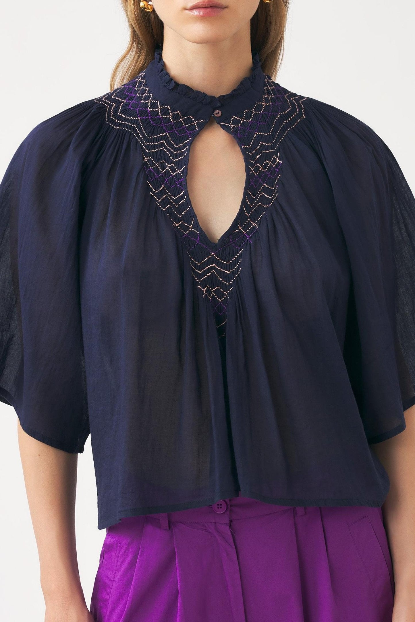Cotton voile hand-embroidered blouse Ayo