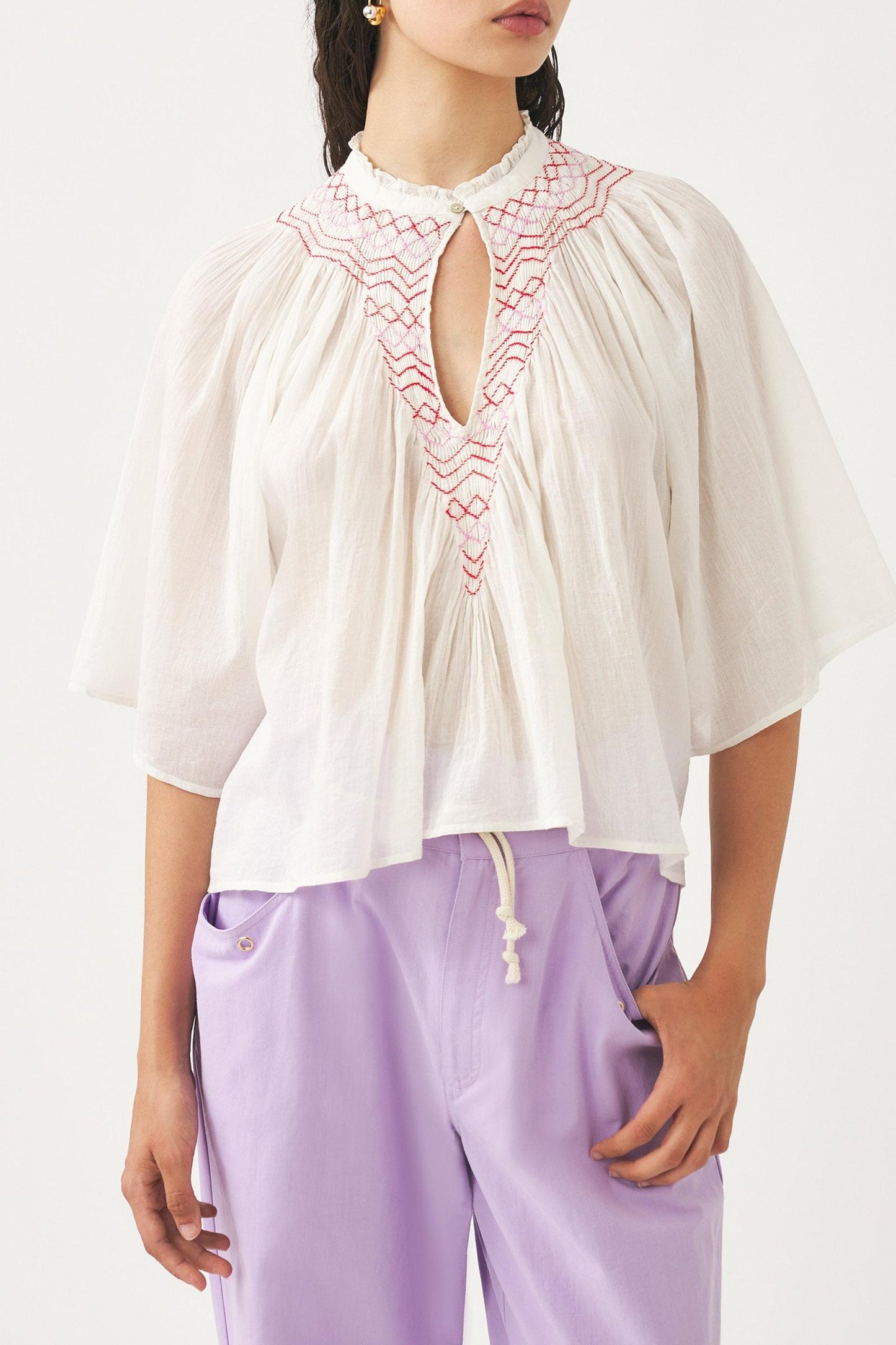 Cotton voile hand-embroidered blouse Ayo