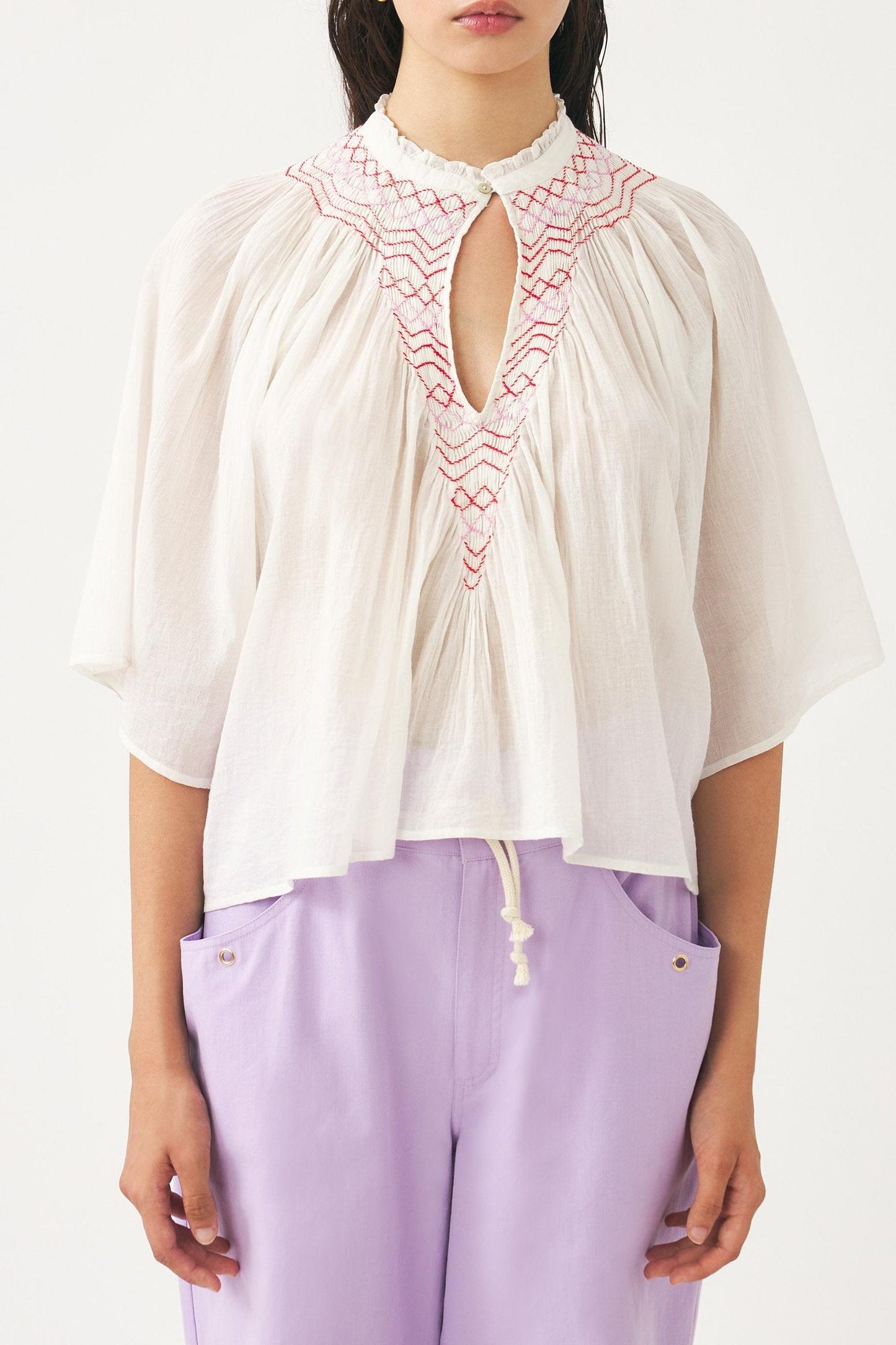 Cotton voile hand-embroidered blouse Ayo