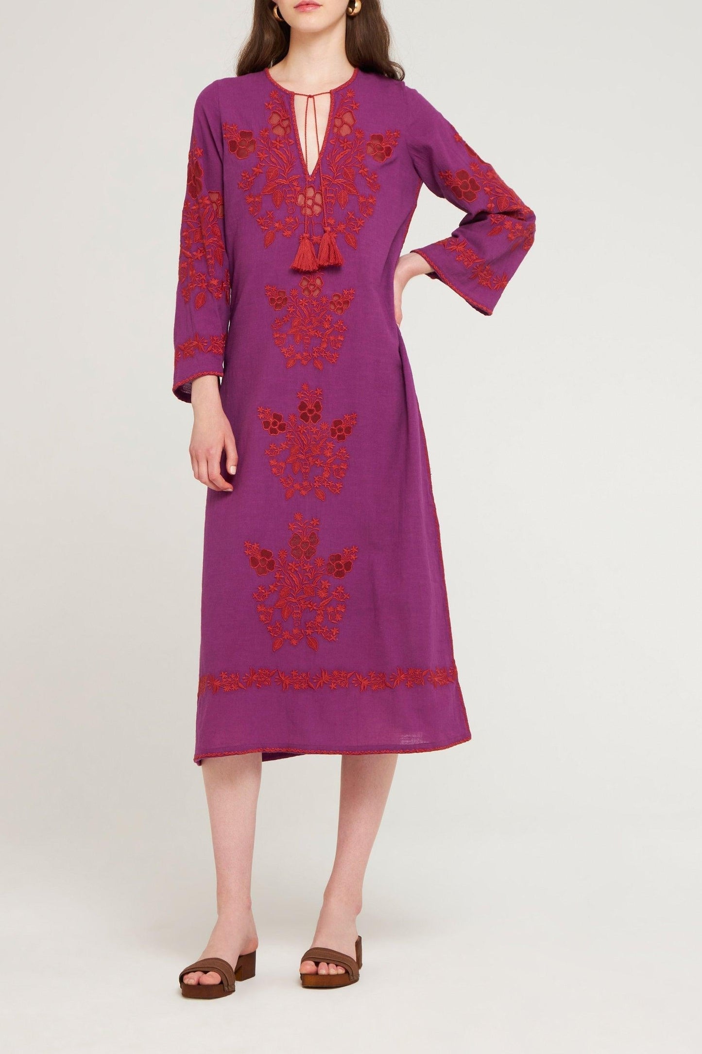 Robe longue brodée Vani violet/bordeaux