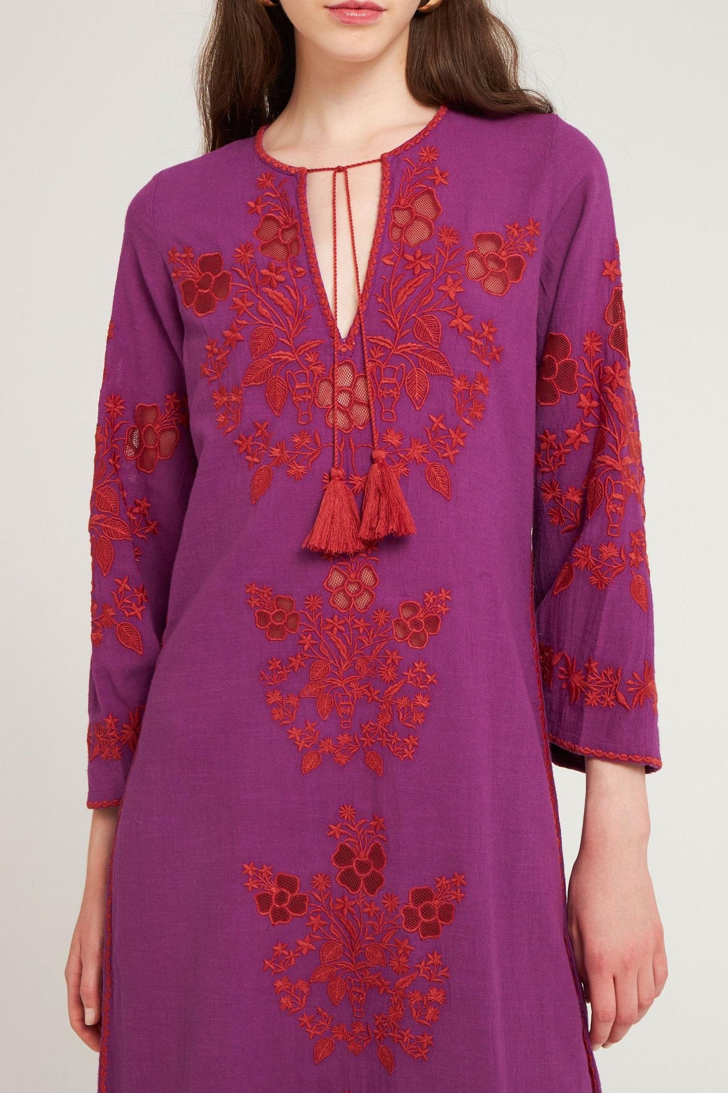 Robe longue brodée Vani violet/bordeaux