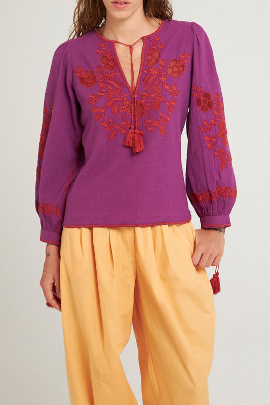 Blouse brodée Vani violet/bordeaux