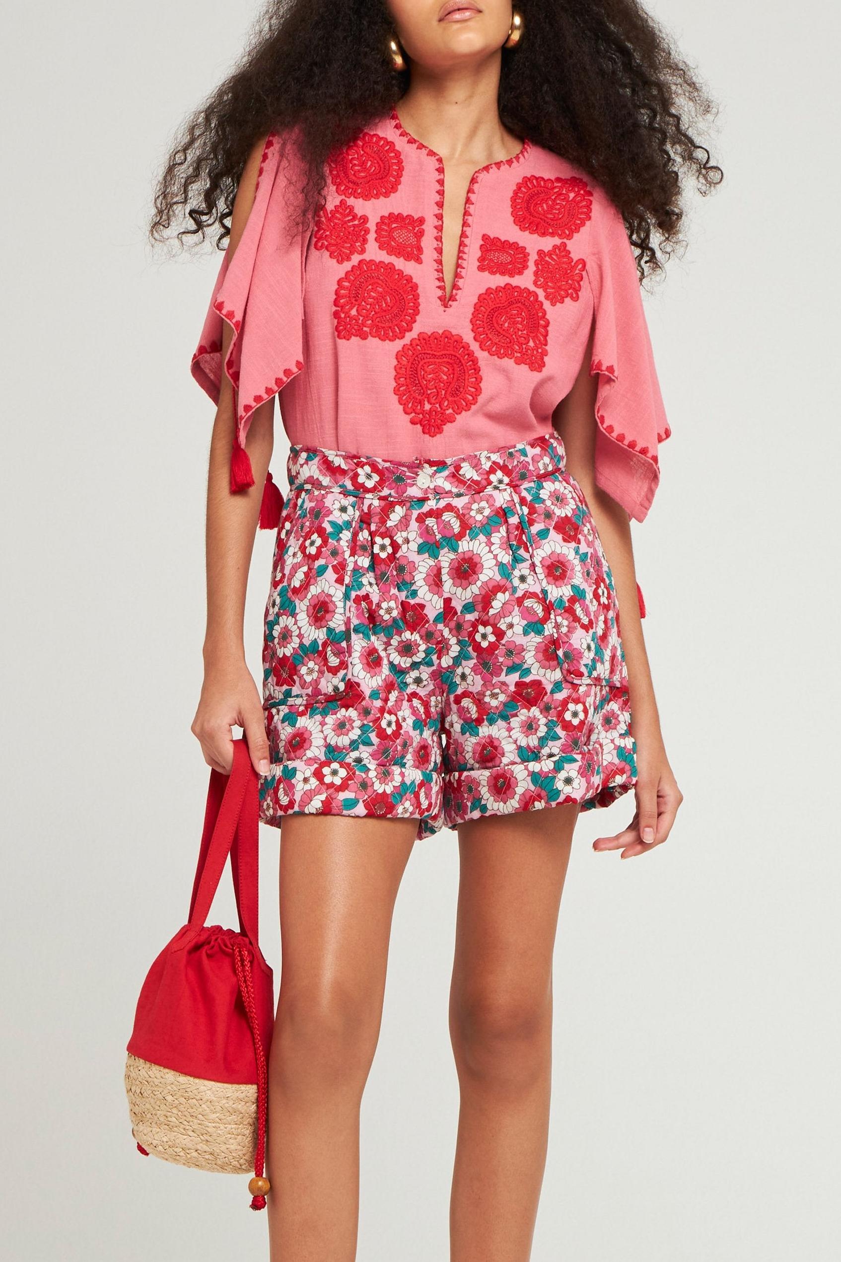 Blouse brodée Tiki corail