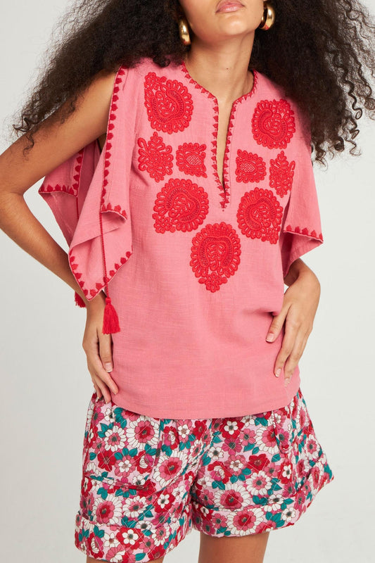 Blouse brodée Tiki corail