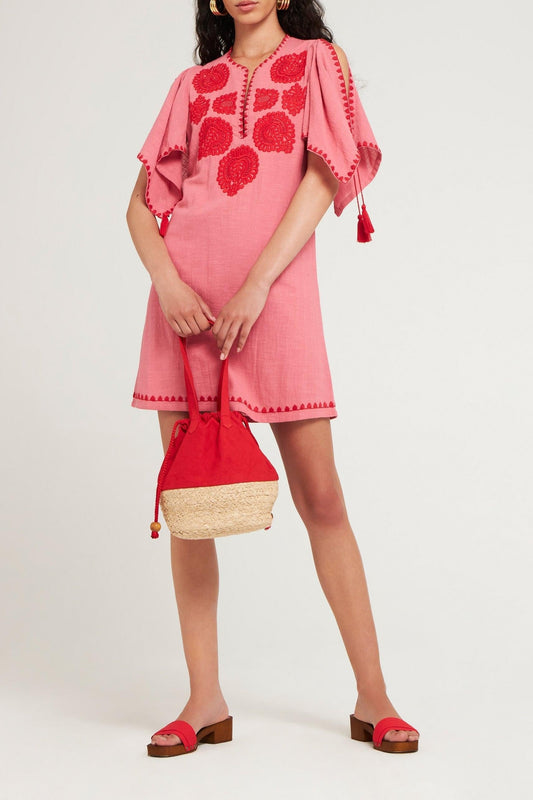 Robe mini brodée Tiki corail