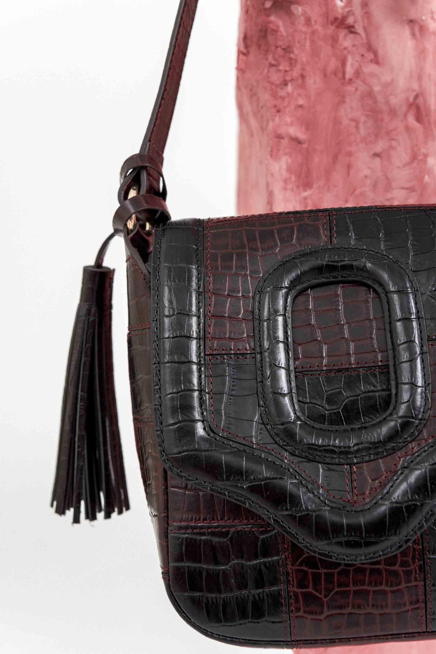 Cathy croco satchel bag - Black and burgundy