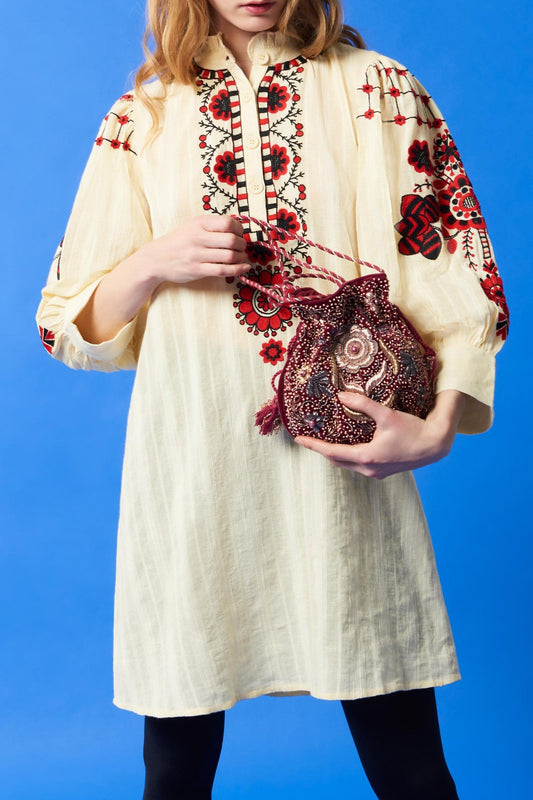 Cami embroidered mini dress - Cream and red