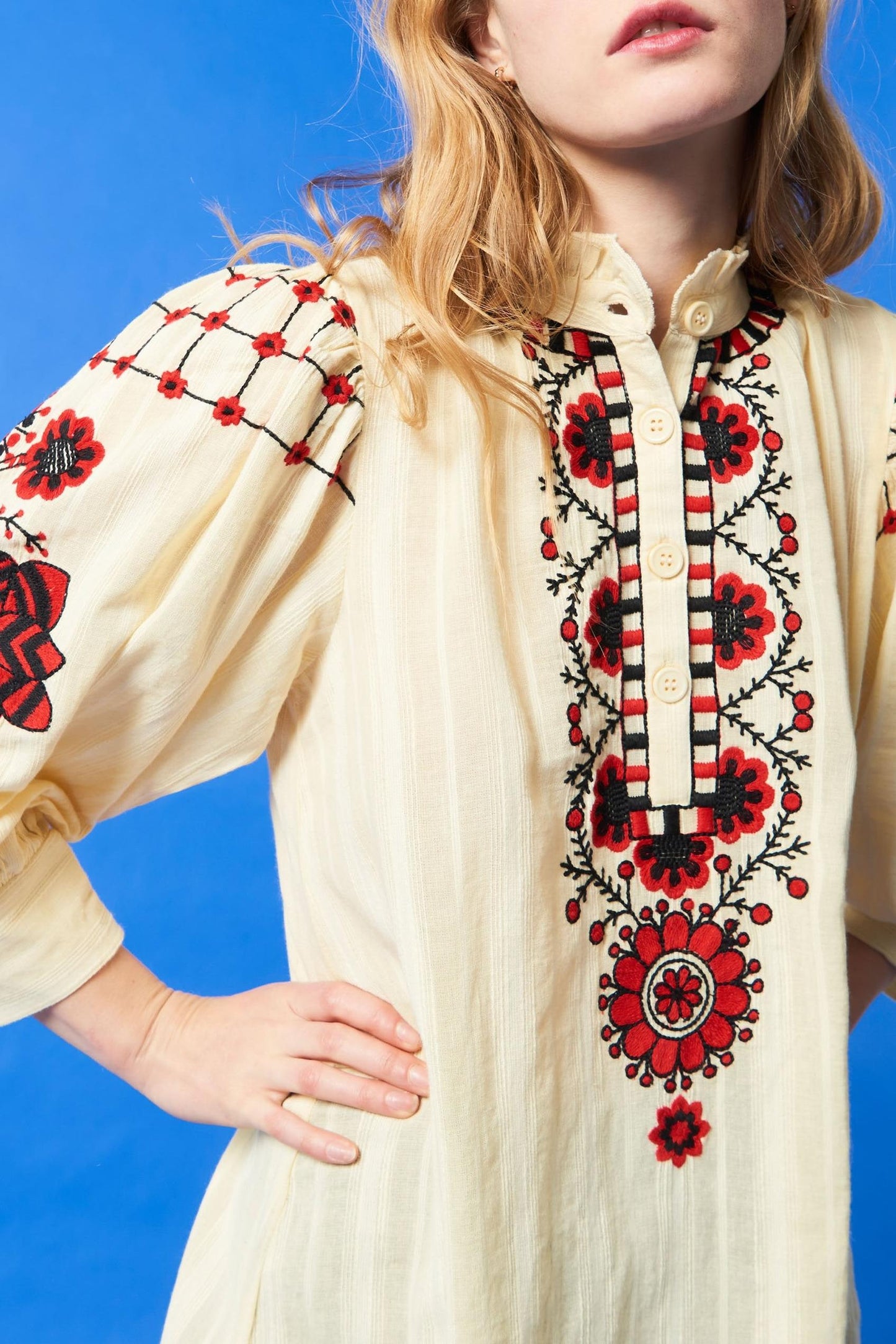 Cami embroidered mini dress - Cream and red
