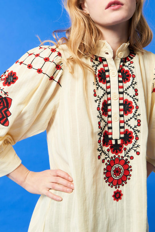 Cami embroidered mini dress - Cream and red