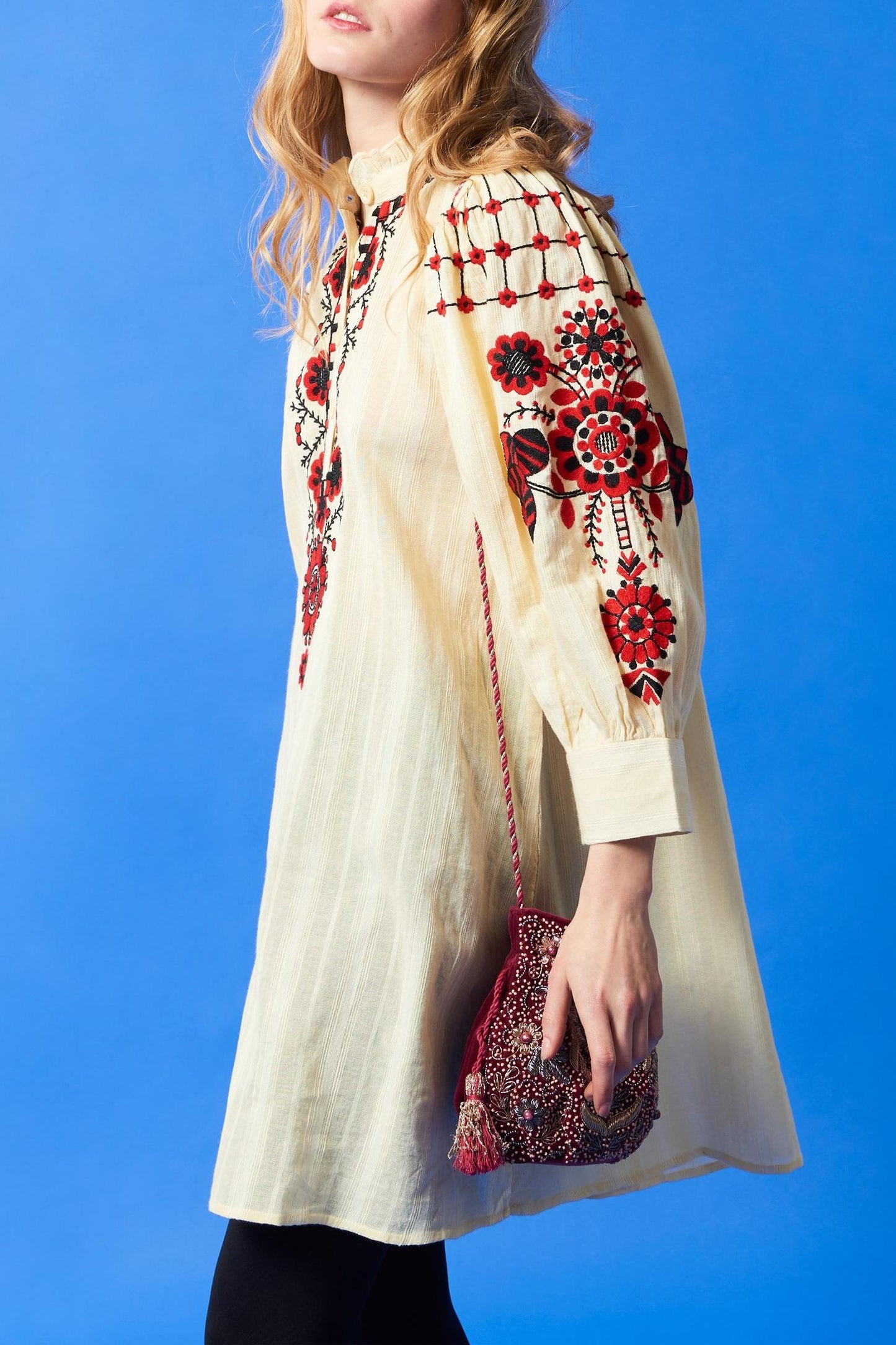 Cami embroidered mini dress - Cream and red