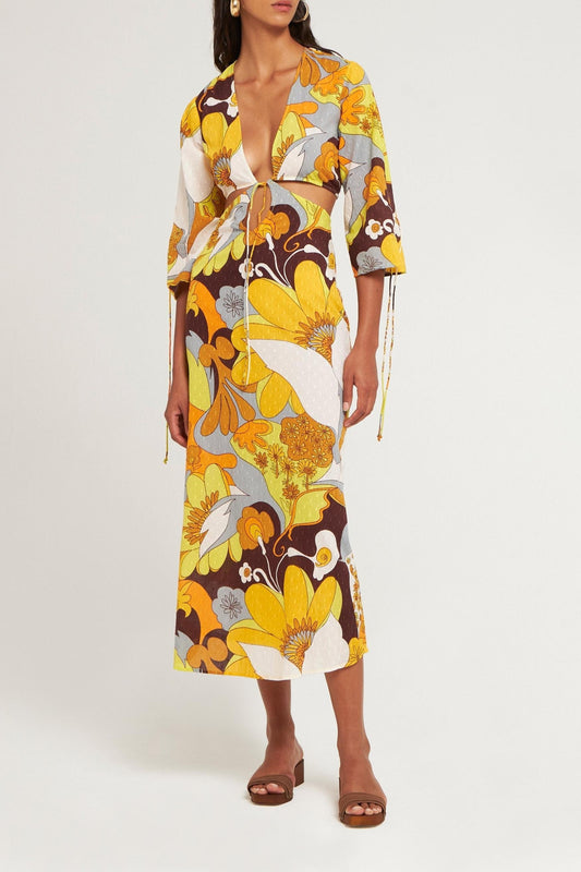 Robe ajourée imprimée plumetis Bahia jaune
