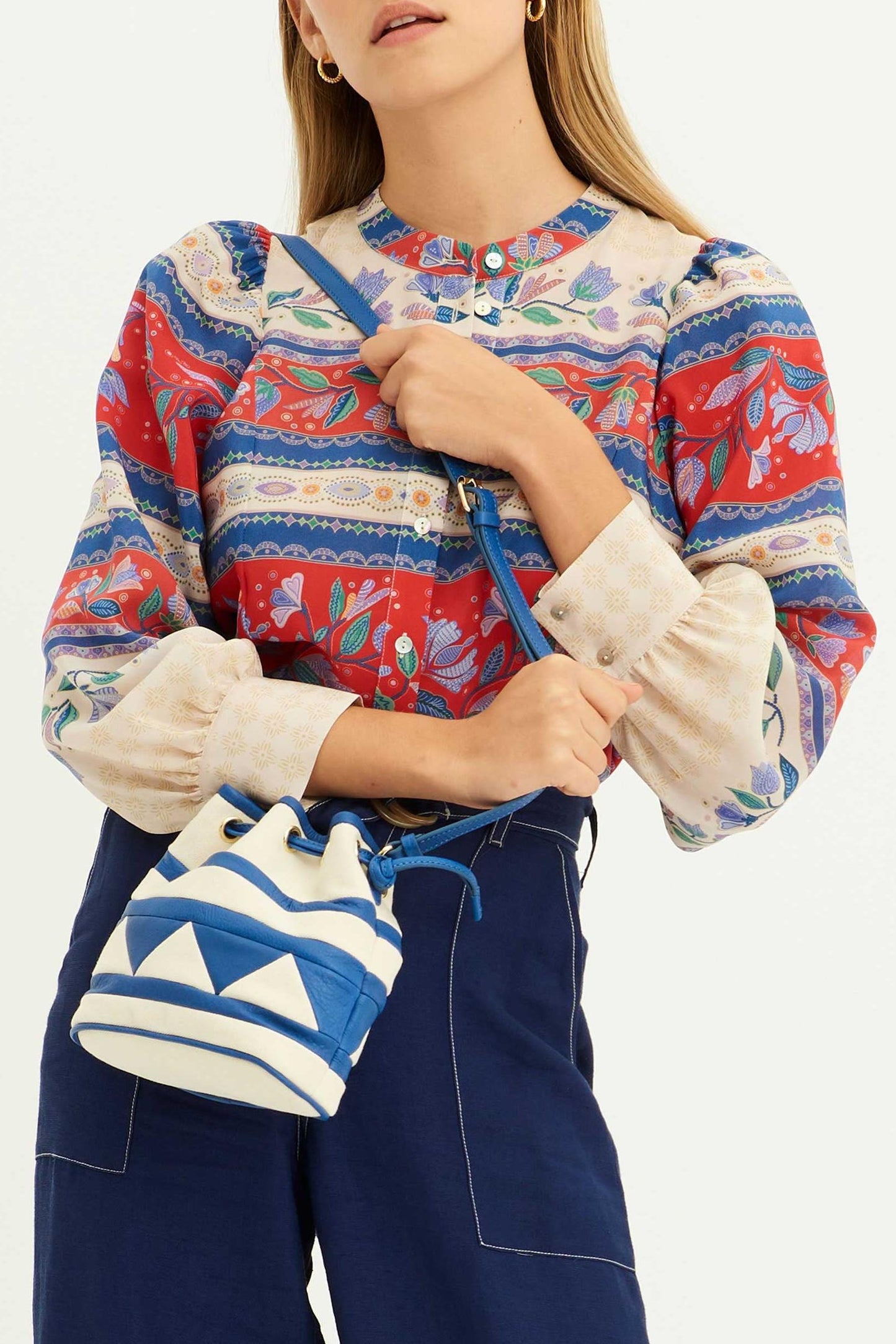 Bolso cubo Léo Mini de piel y lona - Azul marino