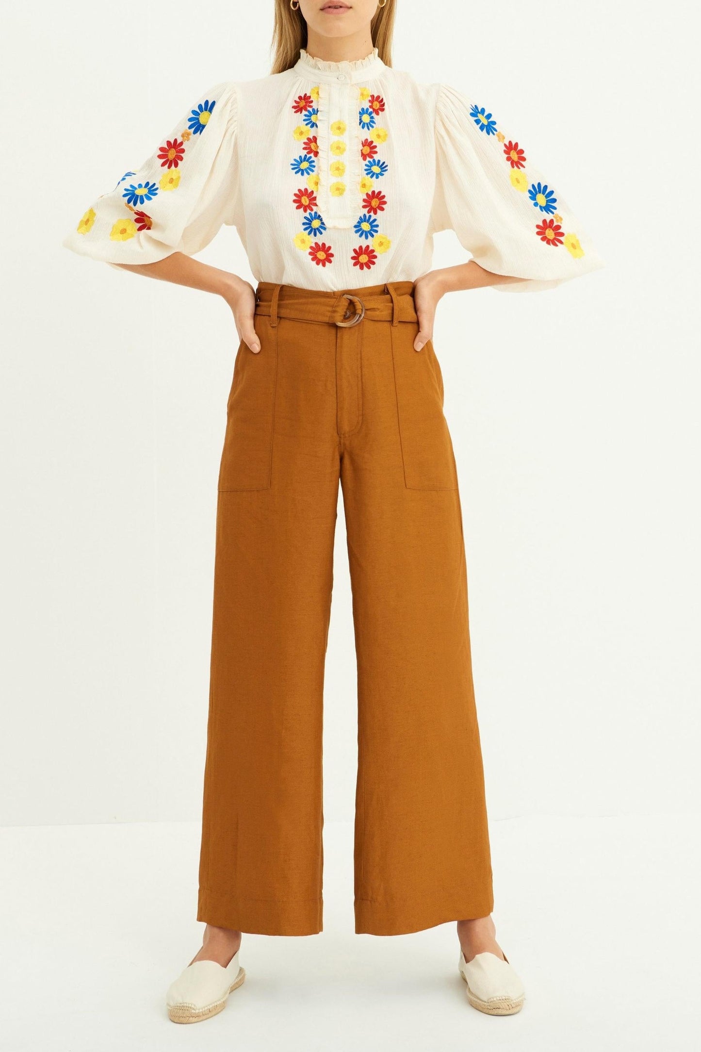Julie Puff Sleeve Embroidered Blouse - Cream