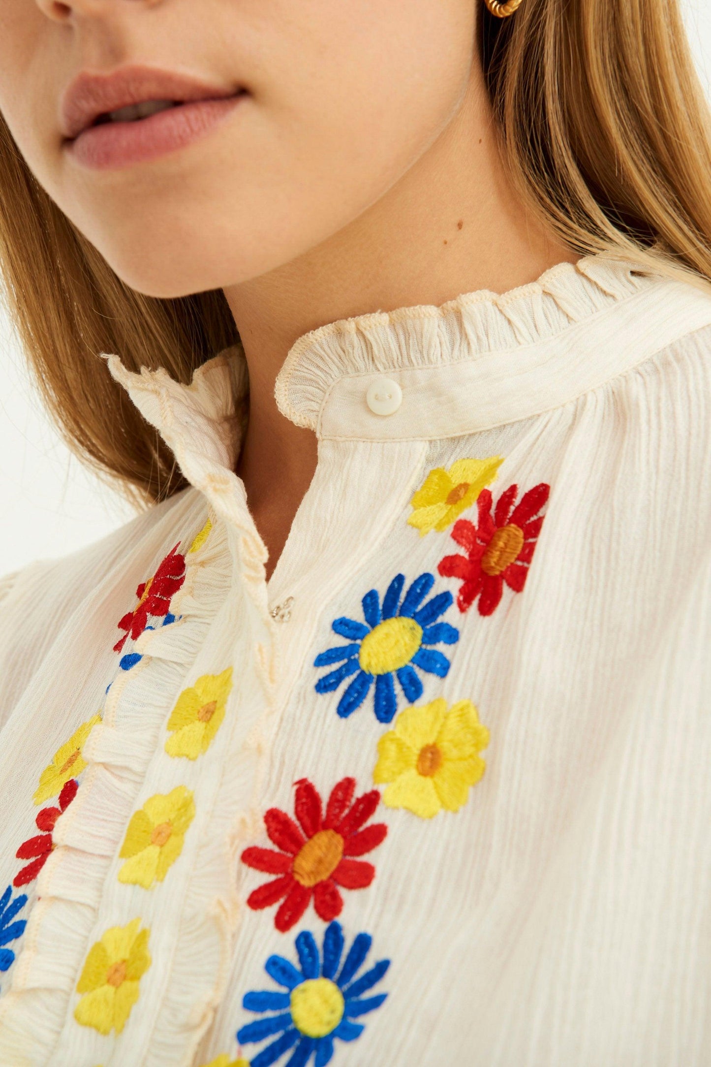 Julie Puff Sleeve Embroidered Blouse - Cream