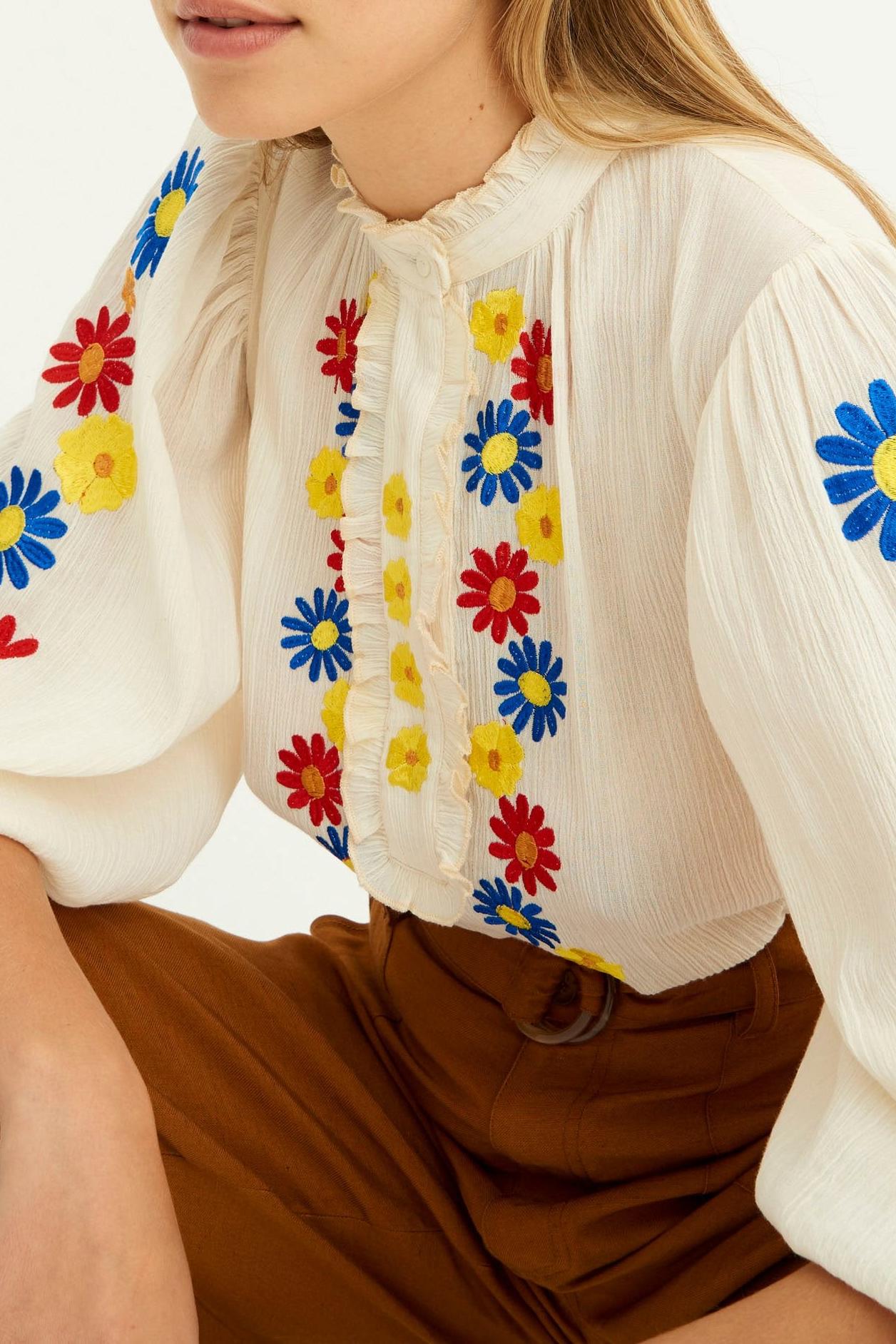 Julie Puff Sleeve Embroidered Blouse - Cream