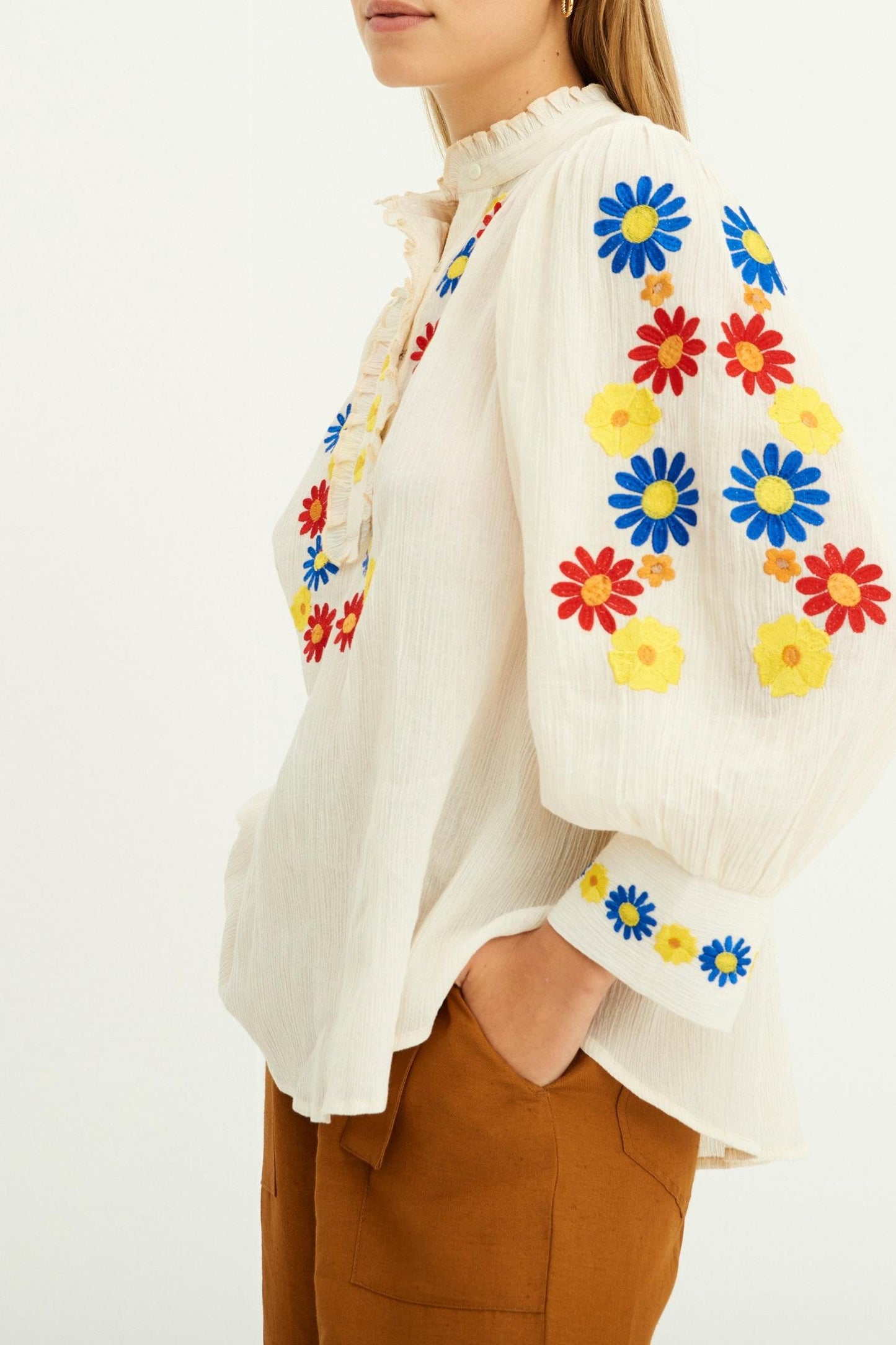 Julie Puff Sleeve Embroidered Blouse - Cream