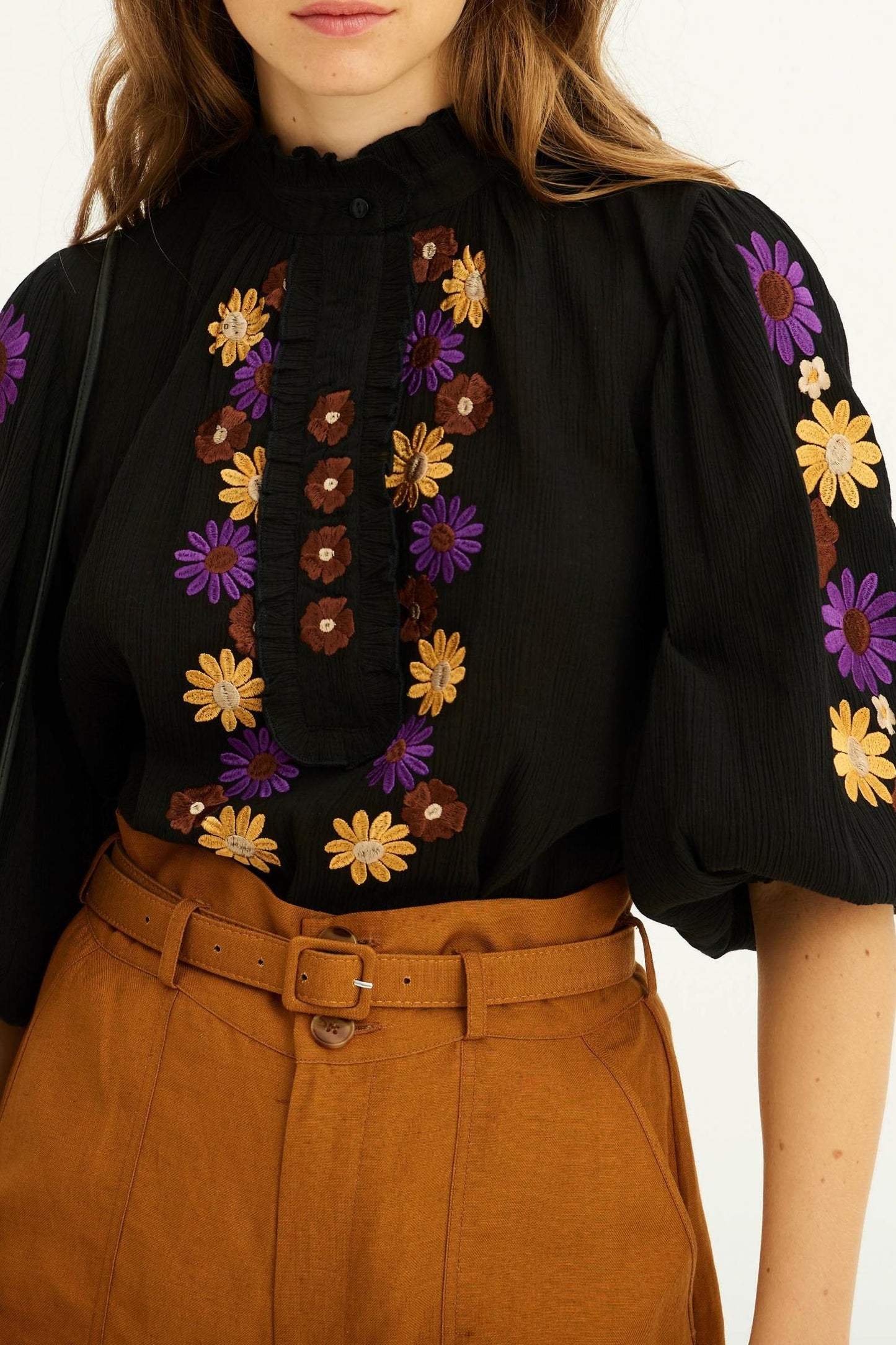 Julie Puff Sleeve Embroidered Blouse - Black