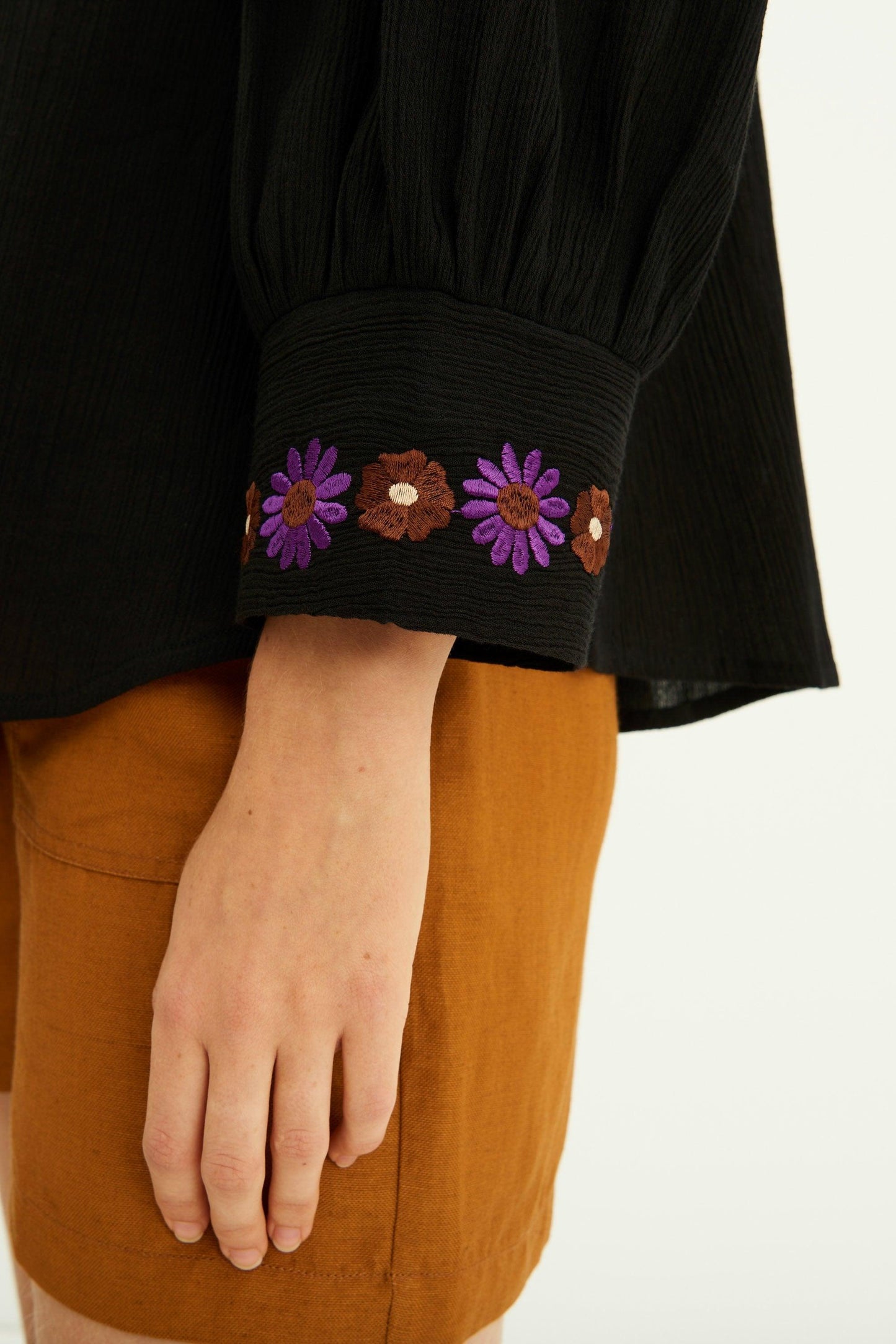 Julie Puff Sleeve Embroidered Blouse - Black