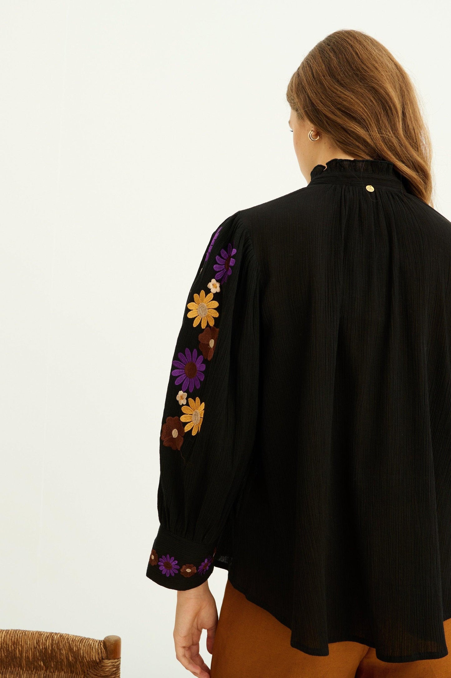 Julie Puff Sleeve Embroidered Blouse - Black