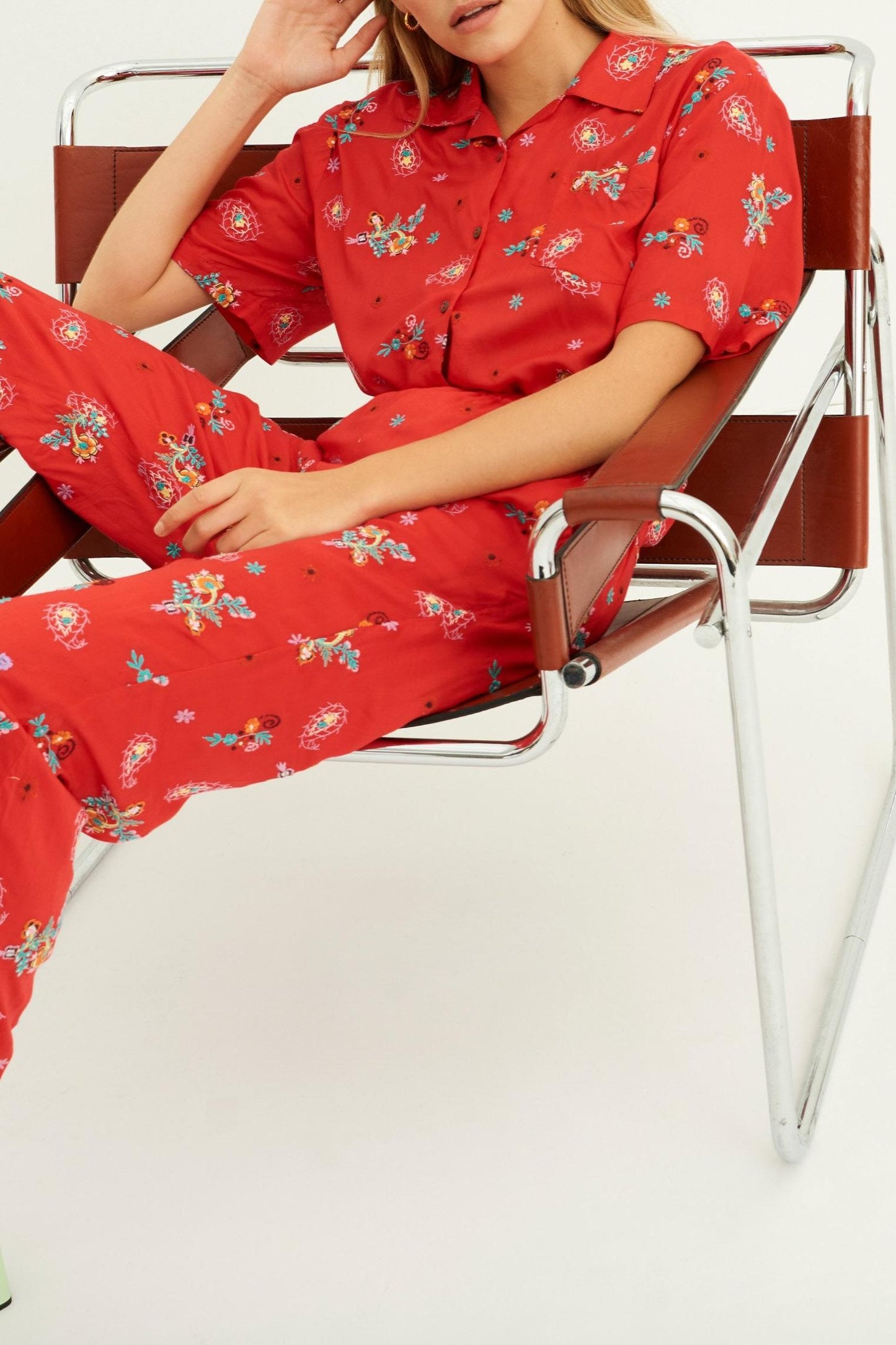 Houla Embroidered Flowing Shirt - Red