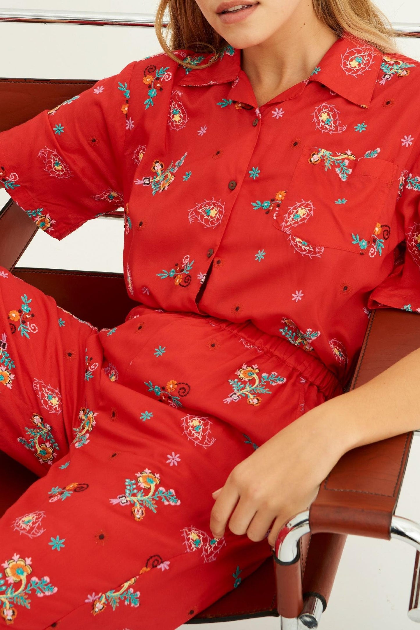 Houla Embroidered Flowing Shirt - Red