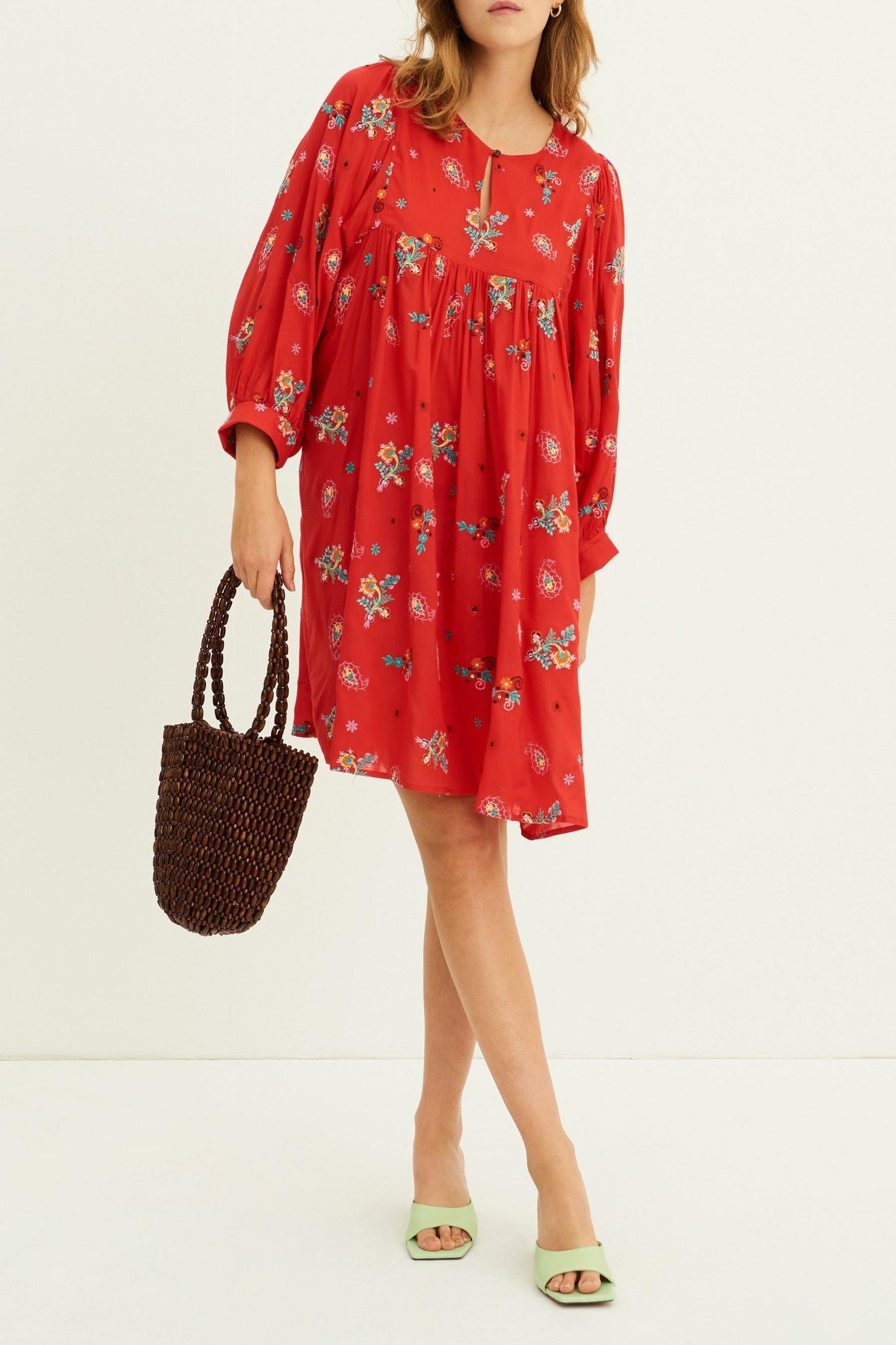 Houla Embroidered Flowing Short Dress - Red