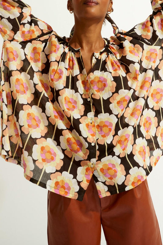 Flowy Printed Blouse - Brown