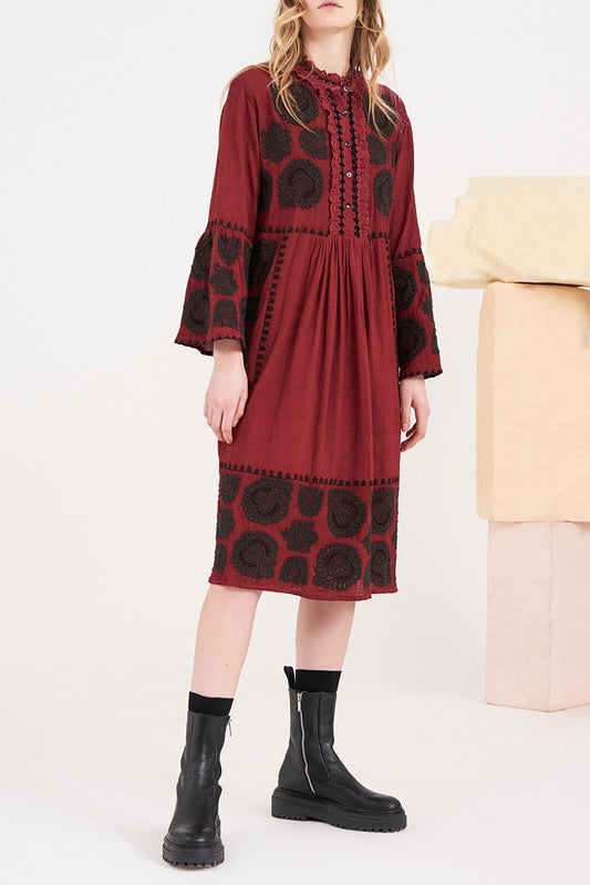 Toggy Embroidered Dress - Burgundy