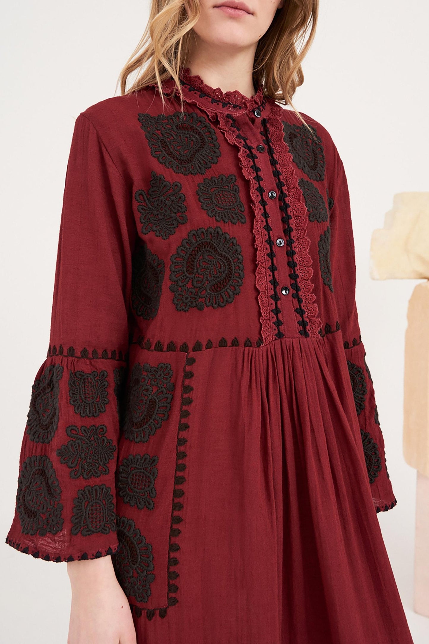 Toggy Embroidered Dress - Burgundy