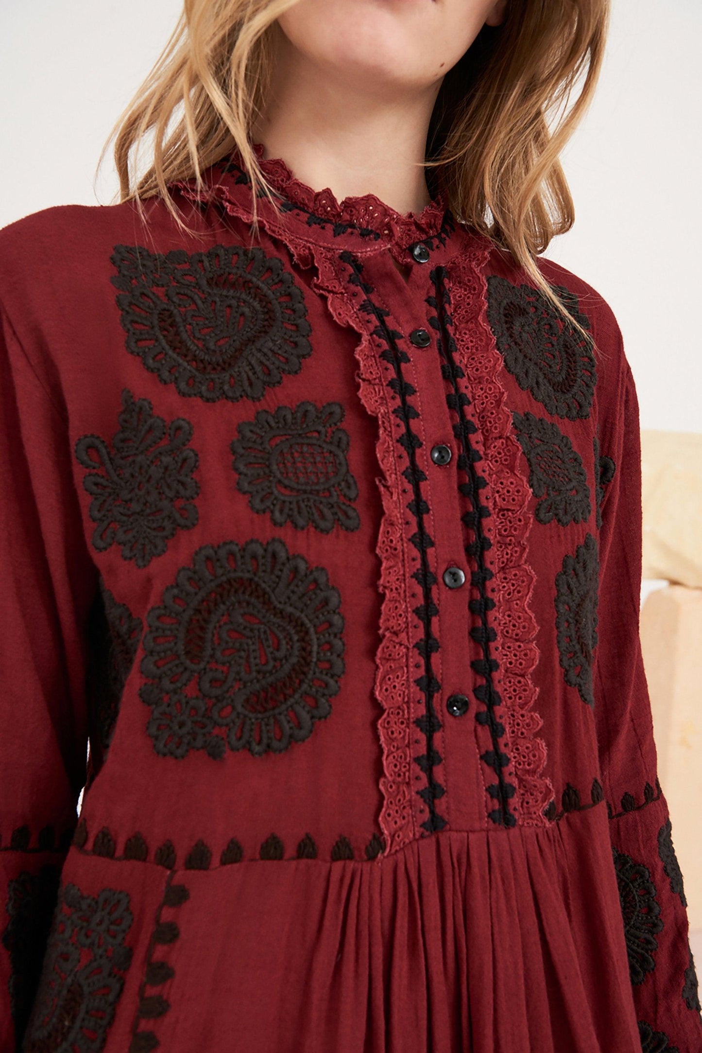 Toggy Embroidered Dress - Burgundy