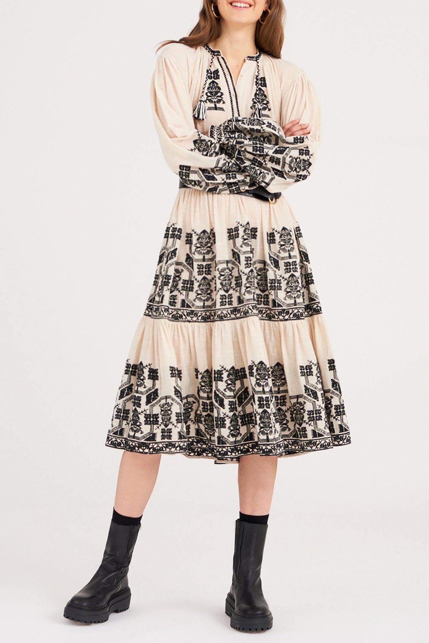 Sofia Embroidered Midi Dress - Cream