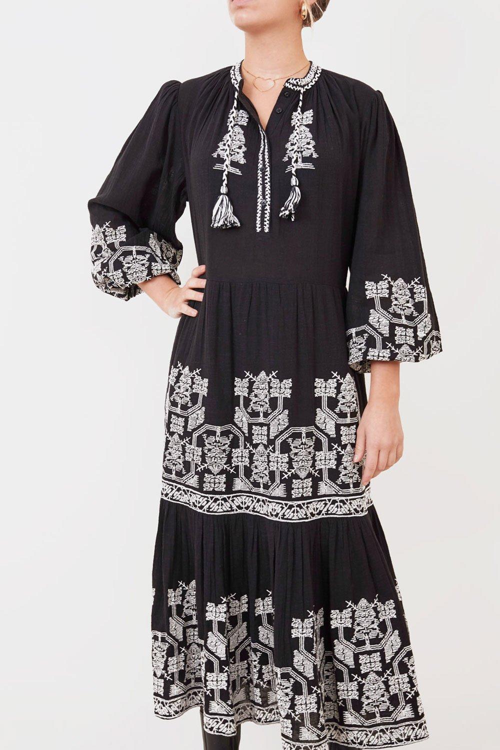 Sofia Embroidered Midi Dress - Black