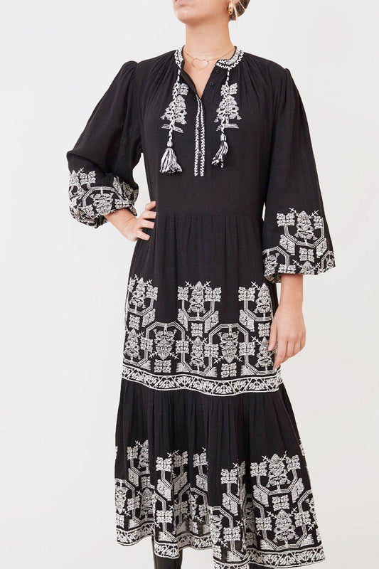Sofia Embroidered Midi Dress - Black