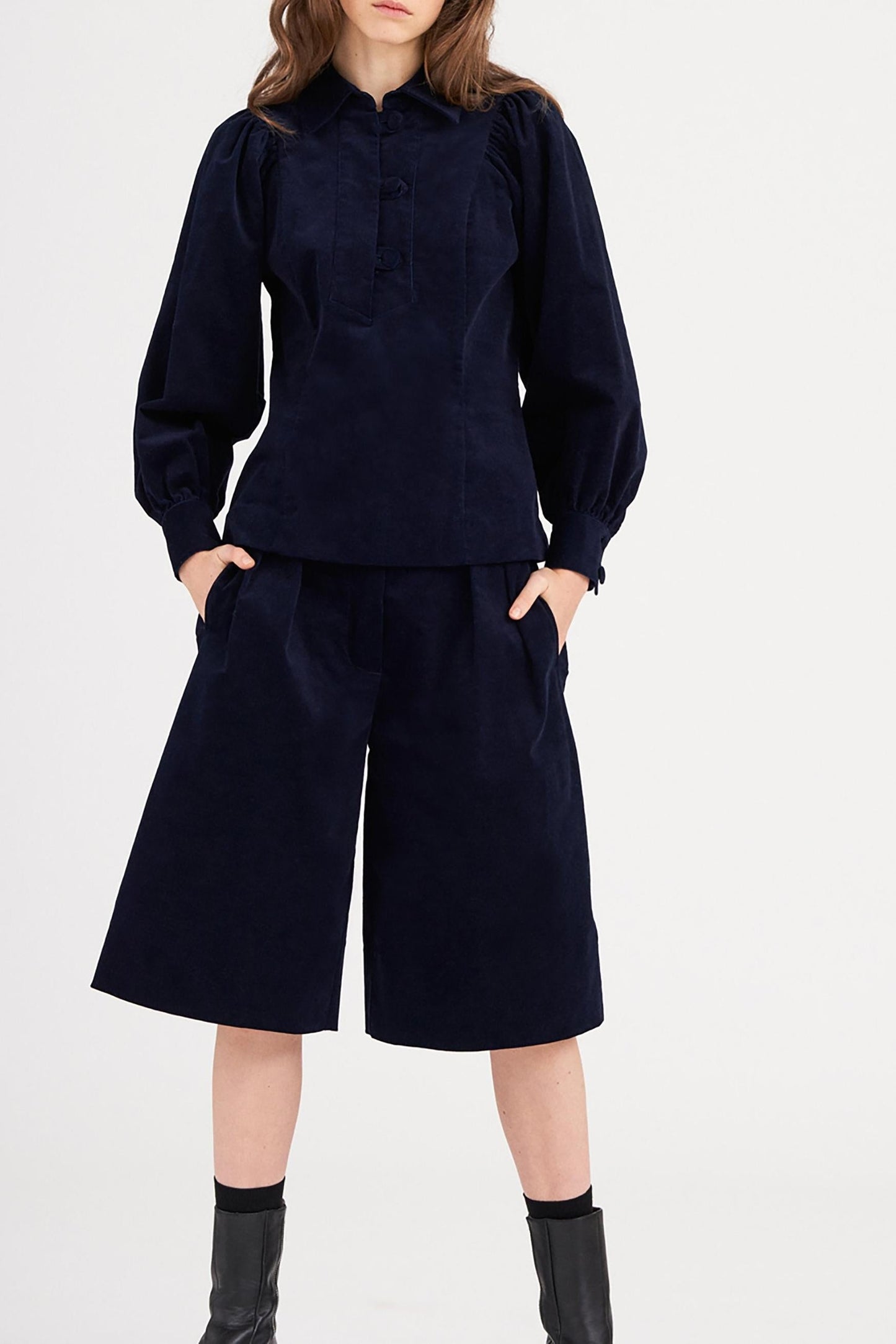 Mona Velvet Bermuda Shorts - Navy Blue