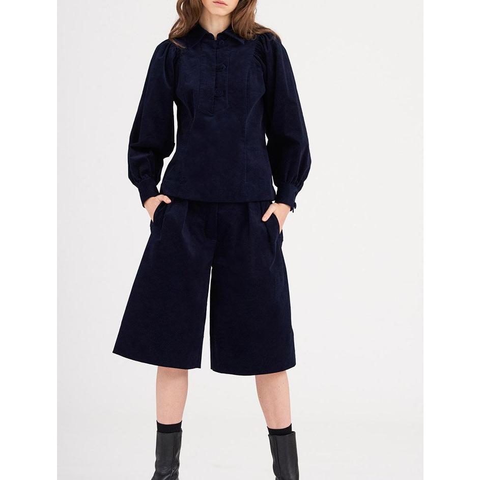 Mona Velvet Bermuda Shorts - Navy Blue