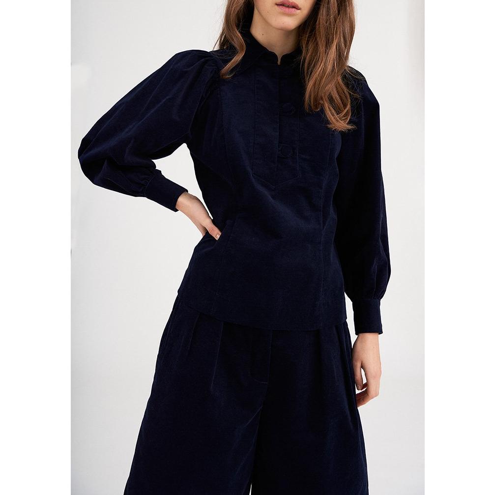 Mona Velvet Blouse - Navy Blue