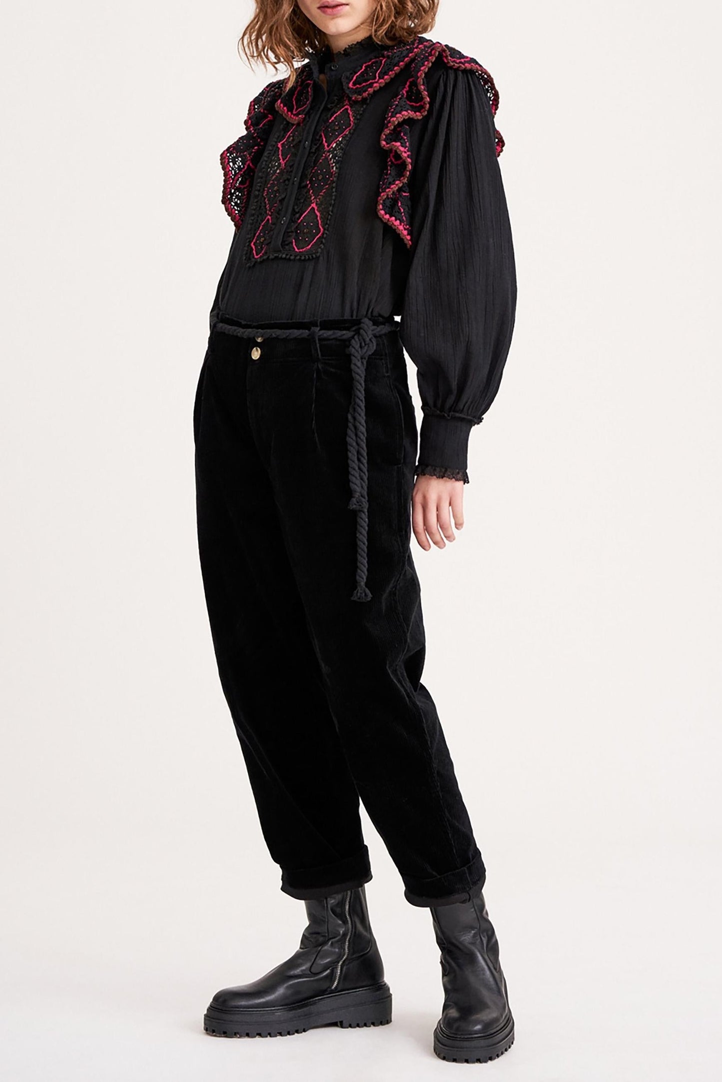 Lucie Embroidered Crochet Blouse - Black