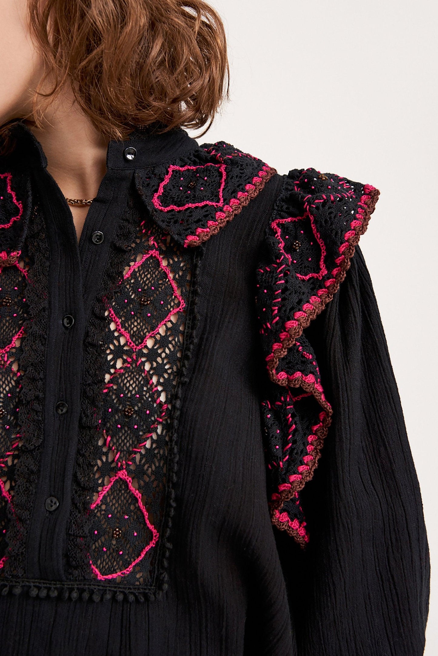Lucie Embroidered Crochet Blouse - Black