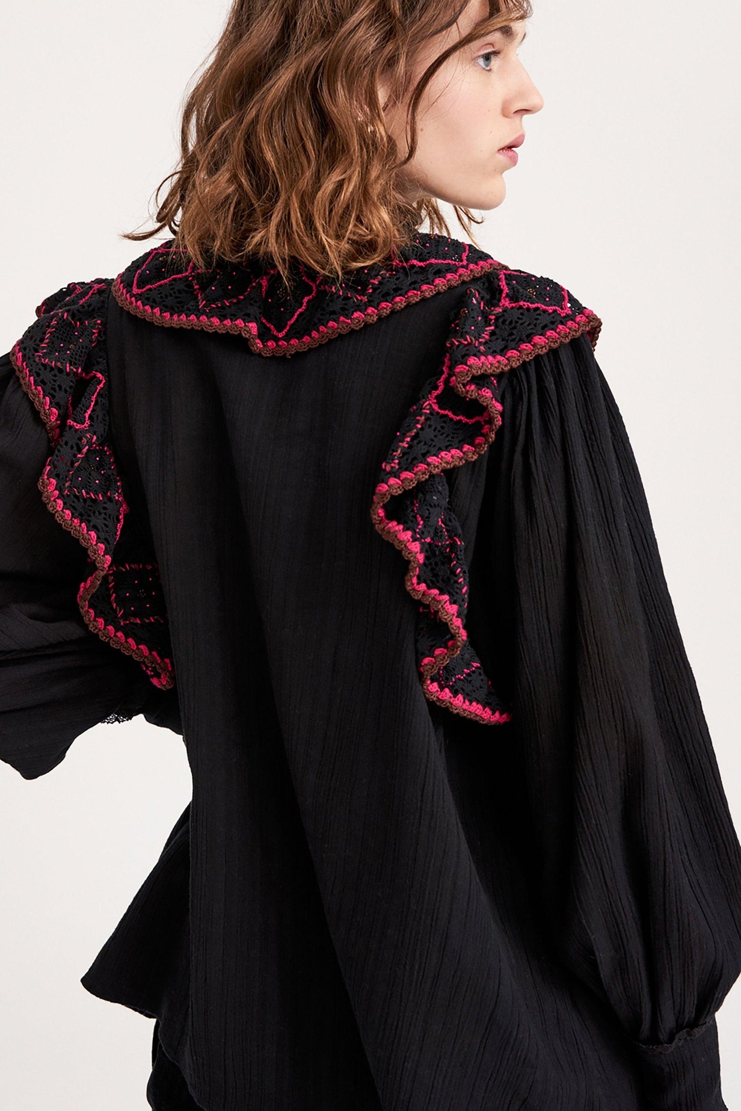 Lucie Embroidered Crochet Blouse - Black