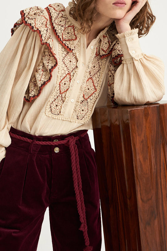 Lucie Embroidered Crochet Blouse - Beige