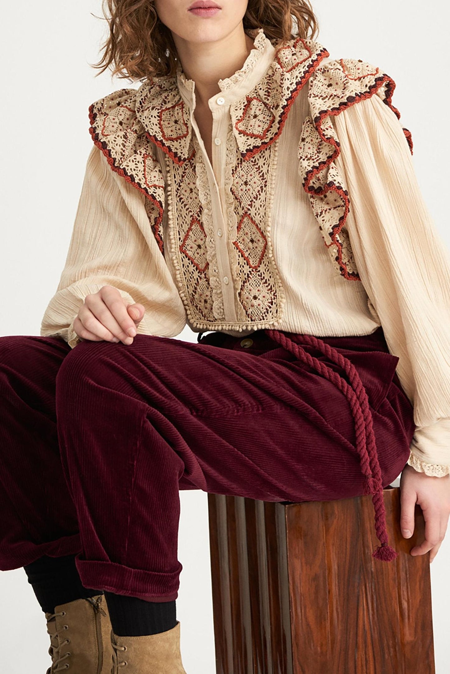 Lucie Embroidered Crochet Blouse - Beige