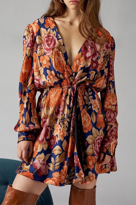 Camille Floral Print Wrap Dress - Navy Blue