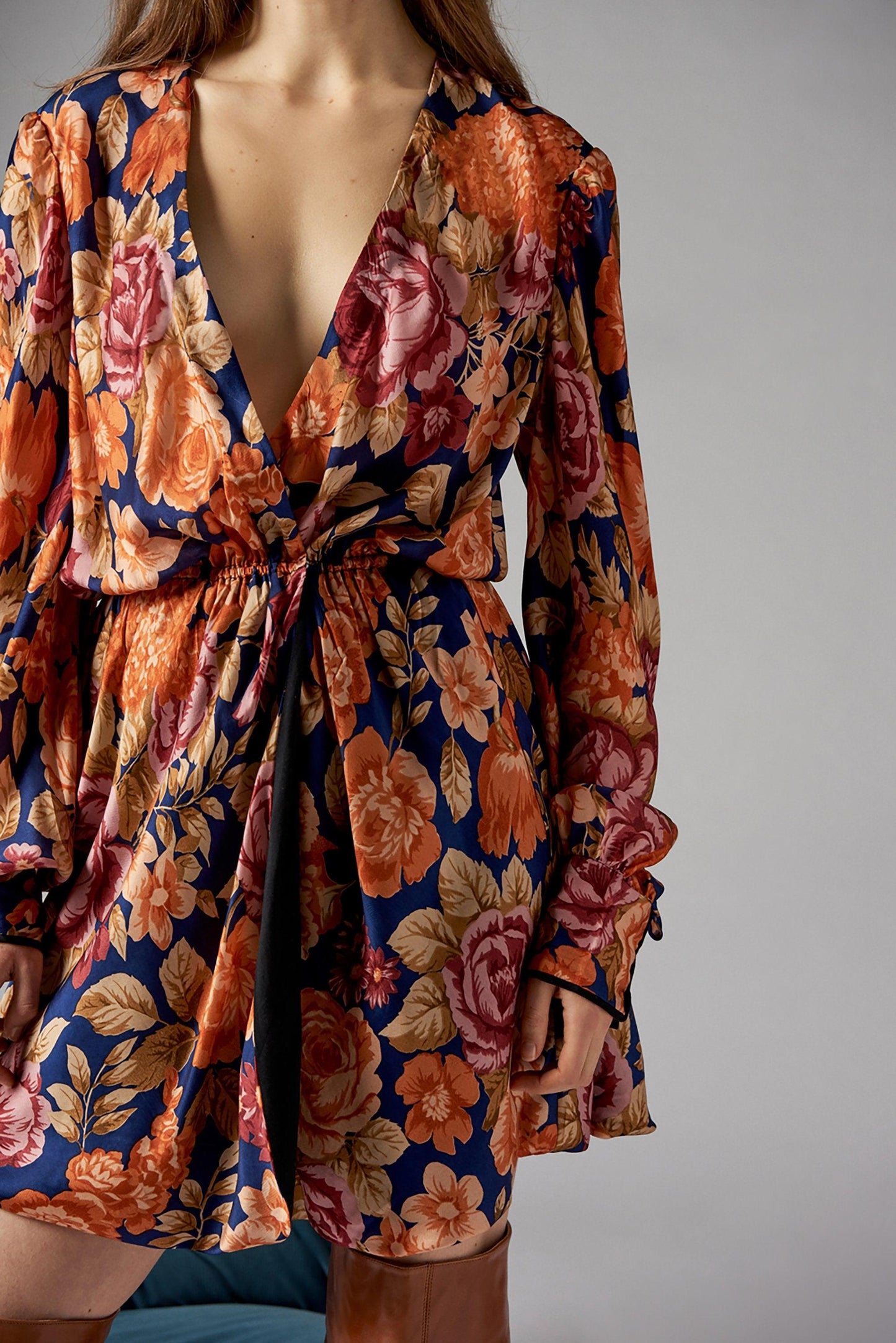 Camille Floral Print Wrap Dress - Navy Blue