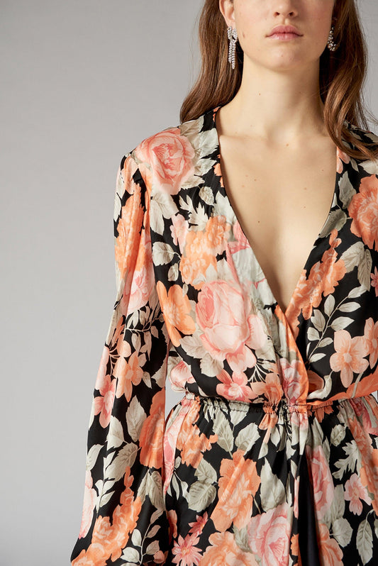 Camille Floral Print Wrap Dress - Black