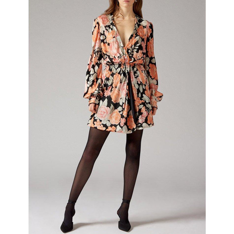Camille Floral Print Wrap Dress - Black
