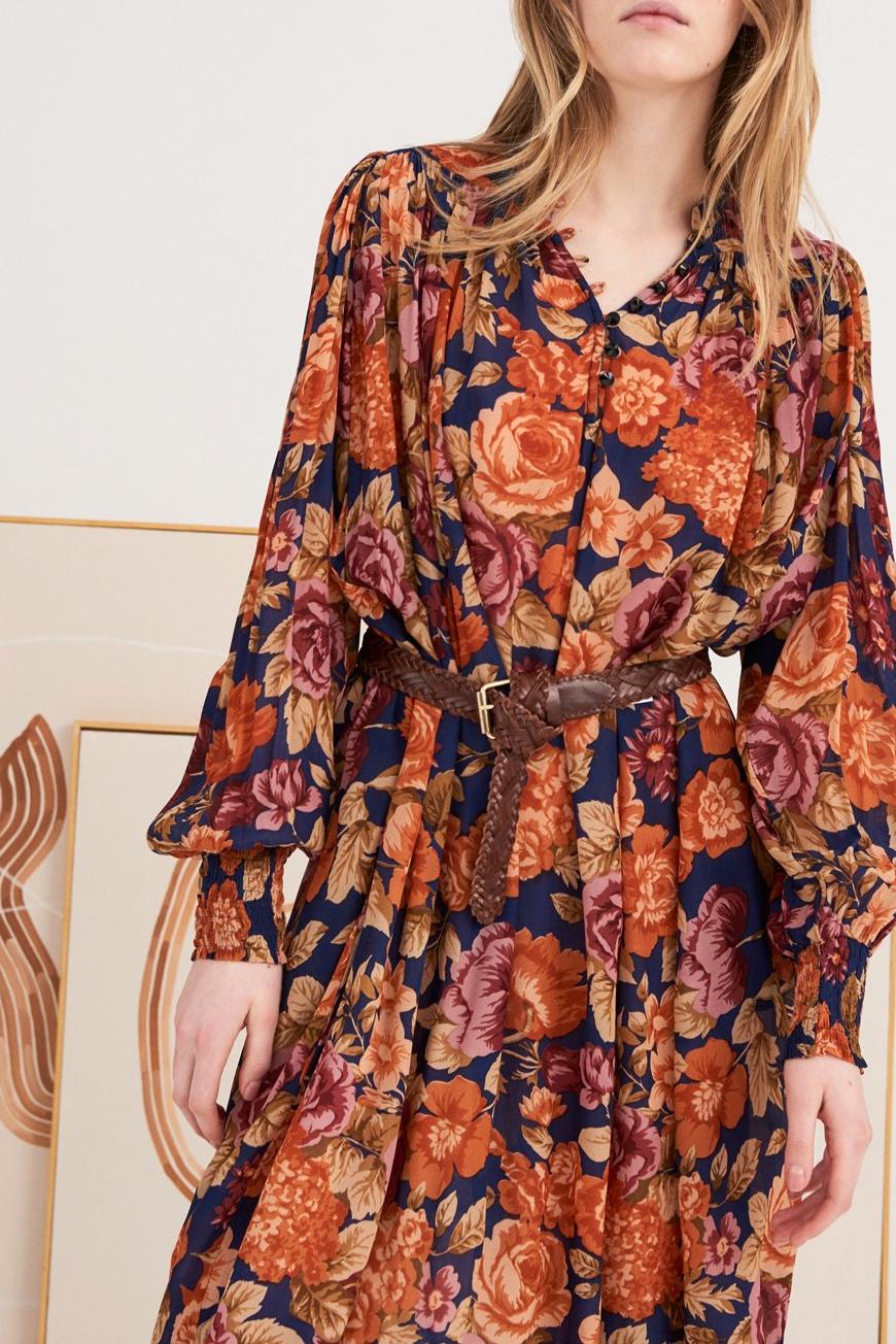 Camille Floral Print Dress - Navy Blue