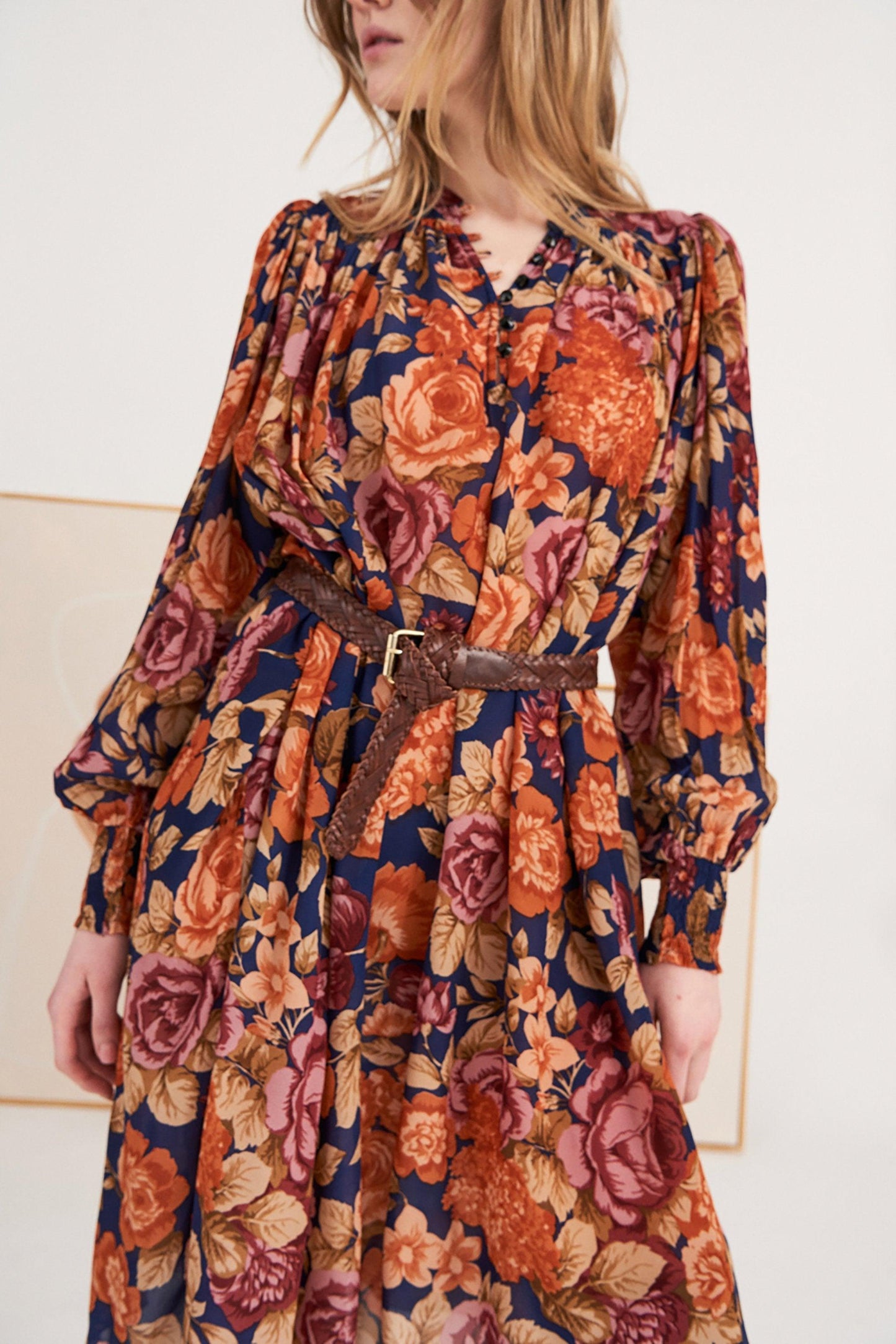 Camille Floral Print Dress - Navy Blue