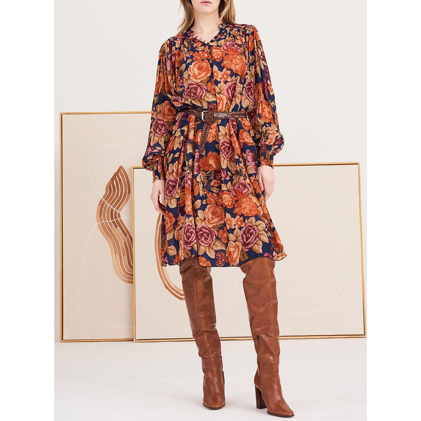 Camille Floral Print Dress - Navy Blue