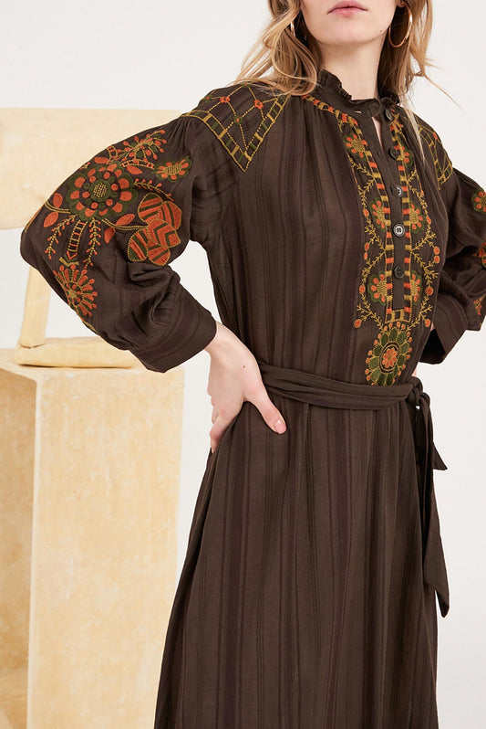 Cami Embroidered Maxi Dress - Brown